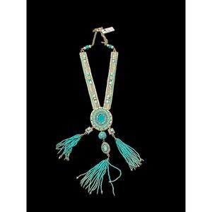 CHICO'S Boho Statement Necklace – Turquoise Fringe Tribal Beaded Medallion